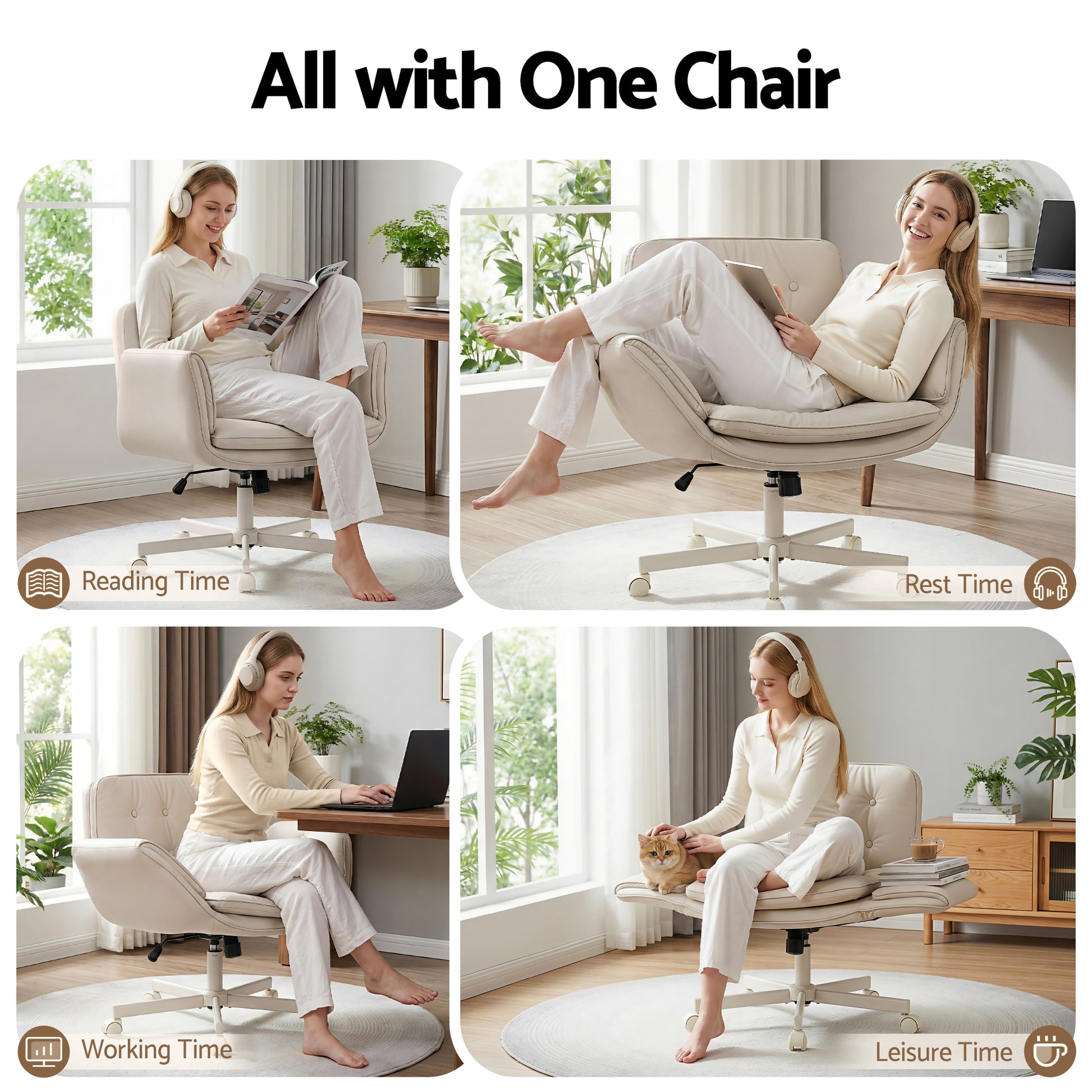 Wide Cross Legged Office Chair - Beige - Homecoze