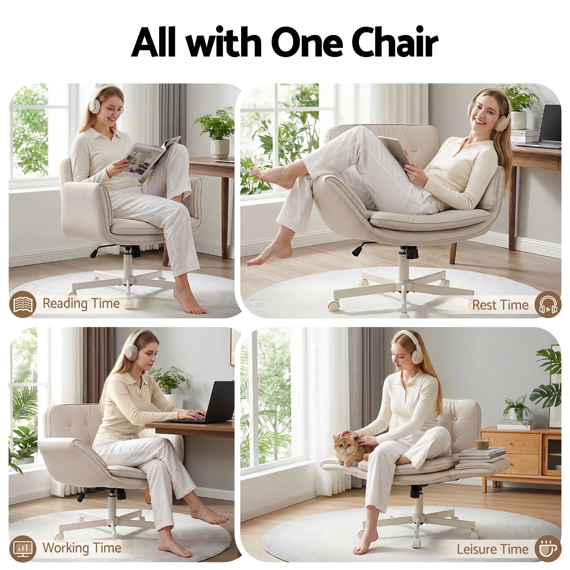 Wide Cross Legged Office Chair - Beige - Homecoze
