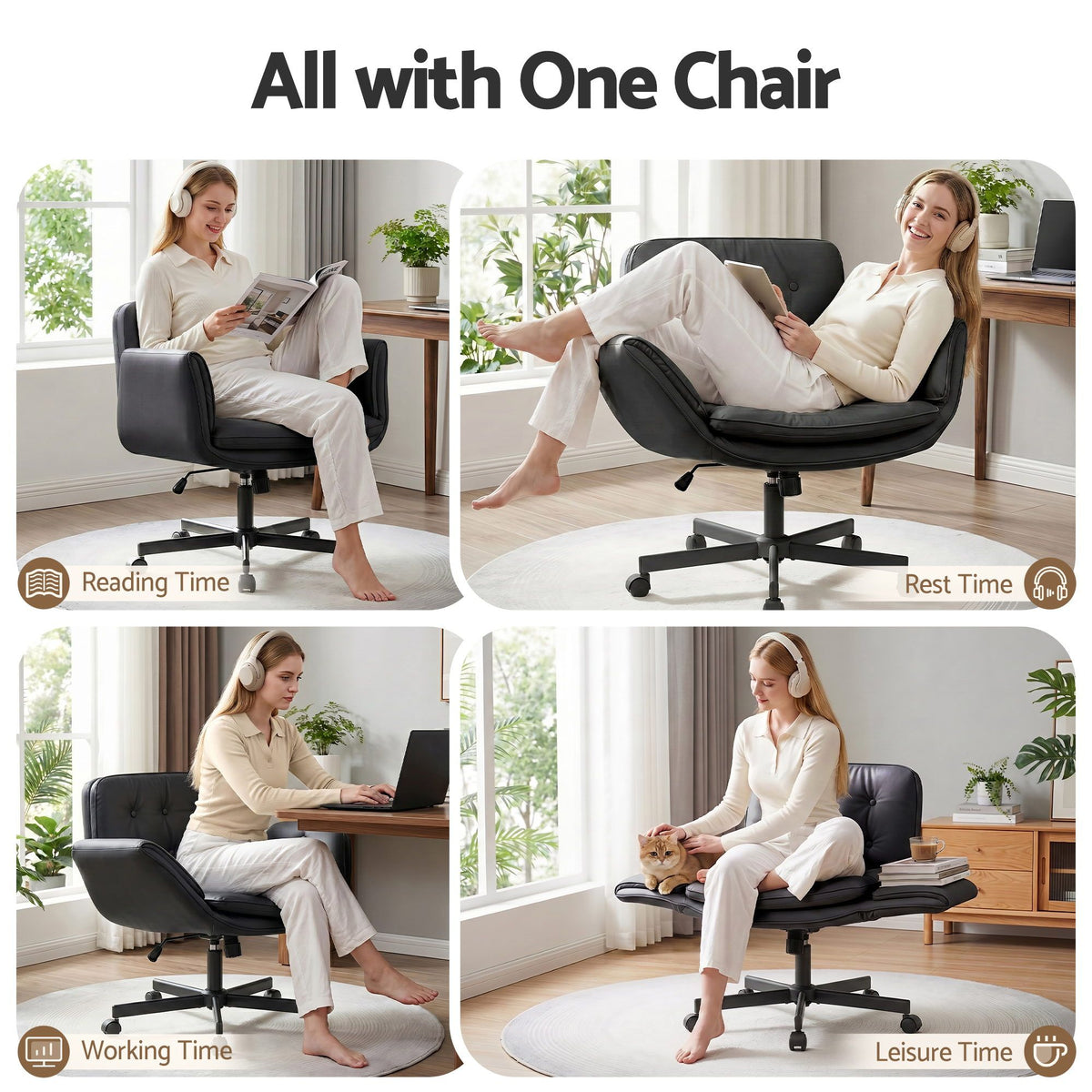 Artiss Criss Cross Chair with Wheels & Adjustable Armrests, Ergonomic Cross Legged Office Desk Chair PU Leather Vanity Chair Swivel for Home, Make Up, Bedroom, Computer, Black - Homecoze