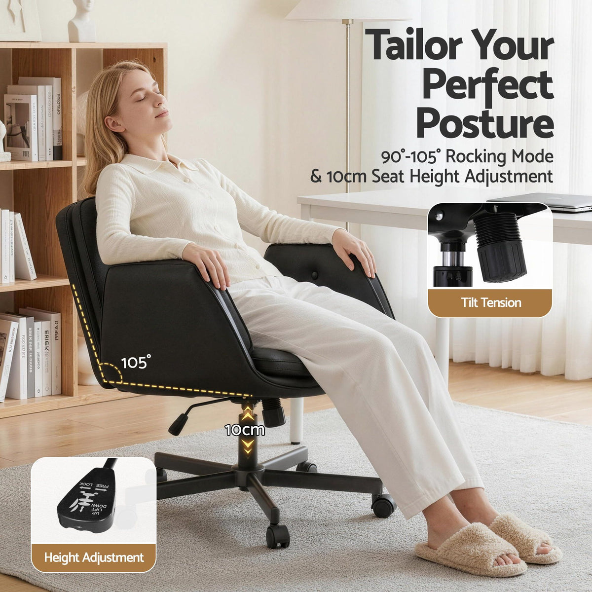 Artiss Criss Cross Chair with Wheels & Adjustable Armrests, Ergonomic Cross Legged Office Desk Chair PU Leather Vanity Chair Swivel for Home, Make Up, Bedroom, Computer, Black - Homecoze