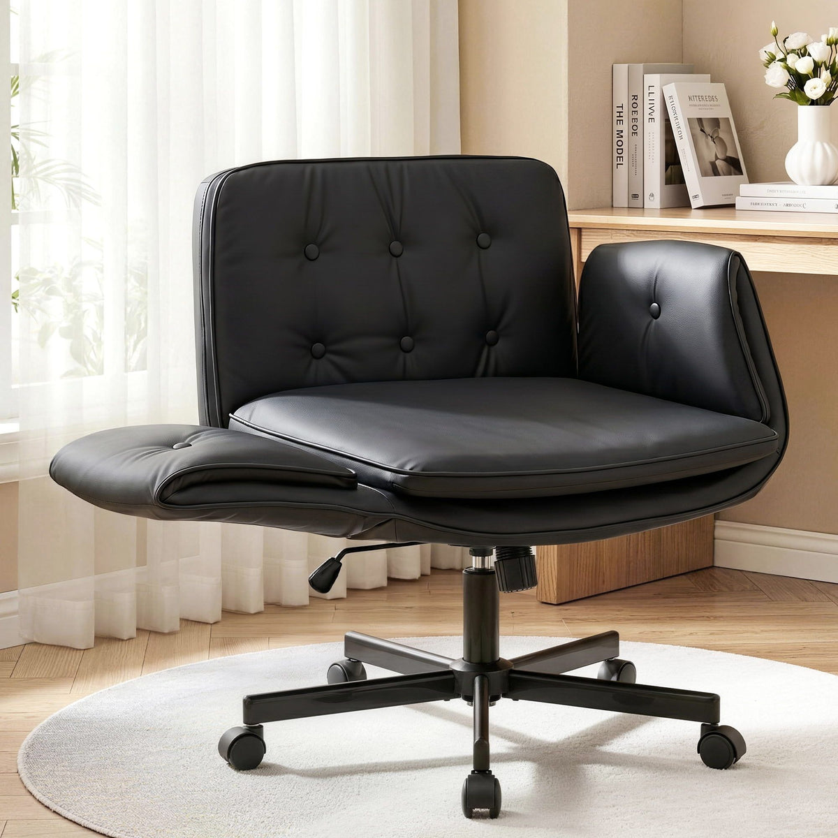 Artiss Criss Cross Chair with Wheels & Adjustable Armrests, Ergonomic Cross Legged Office Desk Chair PU Leather Vanity Chair Swivel for Home, Make Up, Bedroom, Computer, Black - Homecoze
