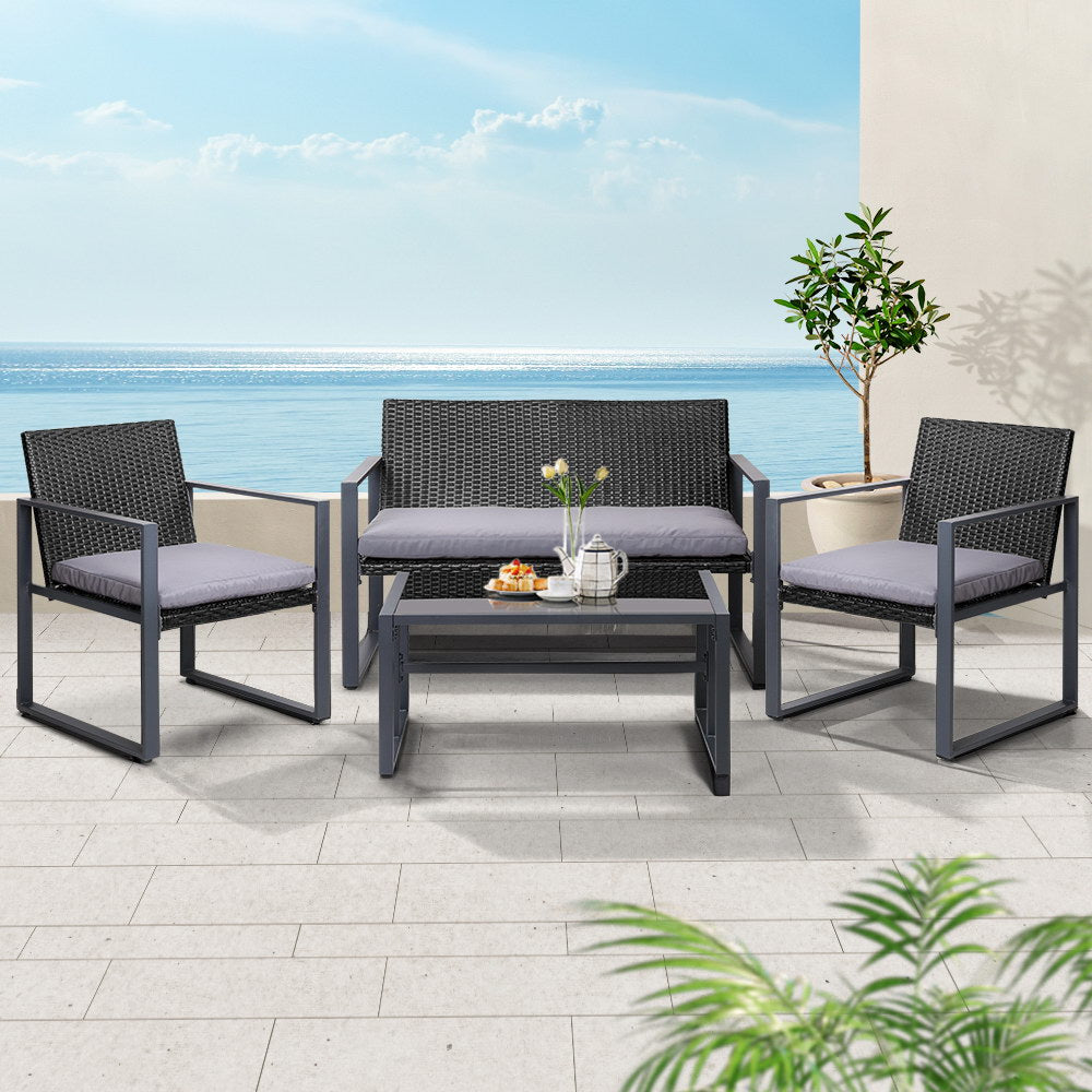 4 Piece Wicker Outdoor Patio Table & Chair Set - Black - Homecoze