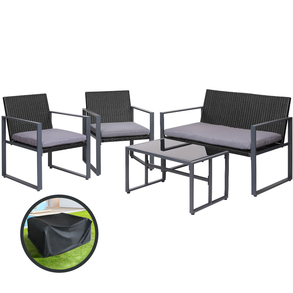 4 PC Outdoor Patio Coffee Table & Chair Bistro Lounge Setting with Cover - Black - Homecoze