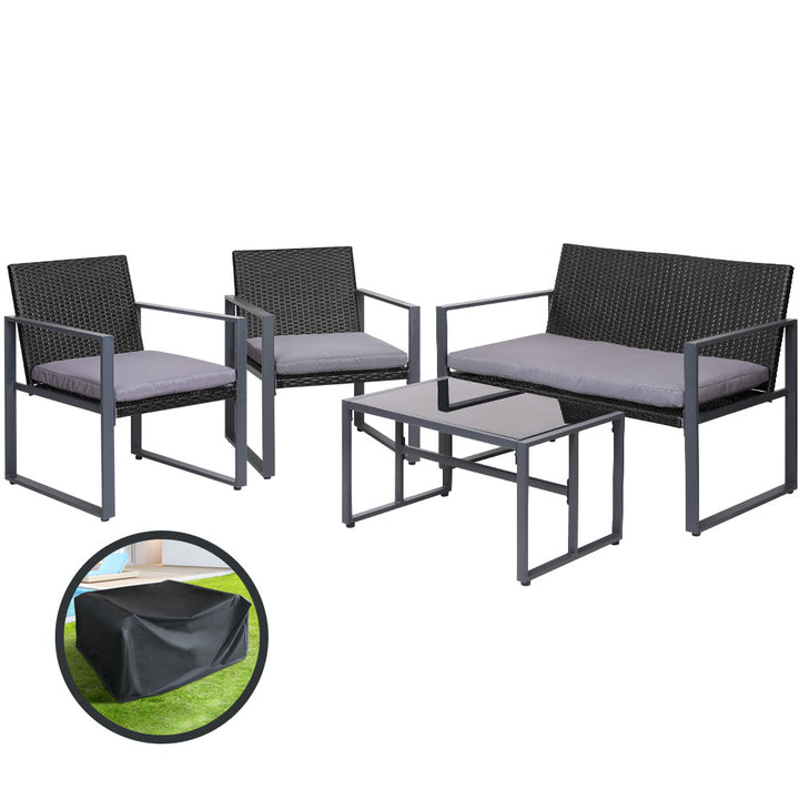 4 PC Outdoor Patio Coffee Table & Chair Bistro Lounge Setting with Cover - Black - Homecoze