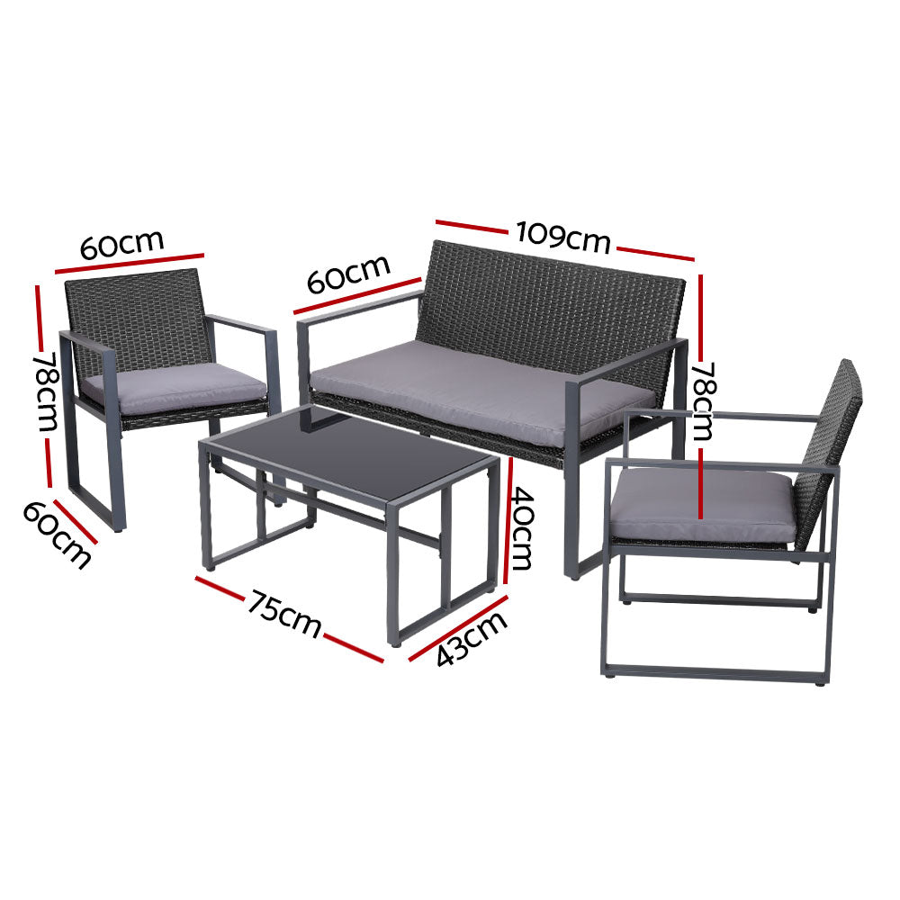4 PC Outdoor Patio Coffee Table & Chair Bistro Lounge Setting with Cover - Black - Homecoze