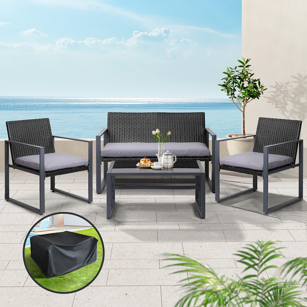 4 PC Outdoor Patio Coffee Table & Chair Bistro Lounge Setting with Cover - Black - Homecoze
