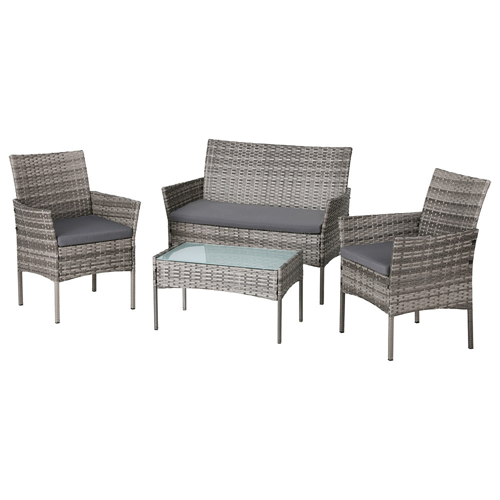 4 Seater Wicker Outdoor Bistro Set with Compact Sofa - Grey - Homecoze