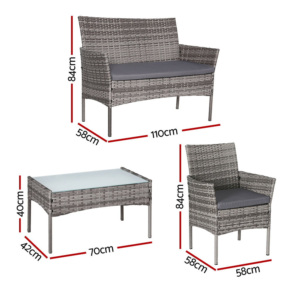 4 Seater Wicker Outdoor Bistro Set with Compact Sofa - Grey - Homecoze