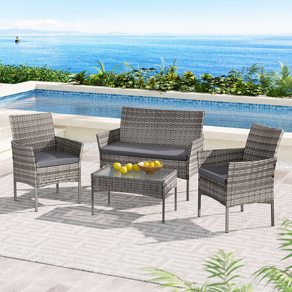 4 Seater Wicker Outdoor Bistro Set with Compact Sofa - Grey - Homecoze