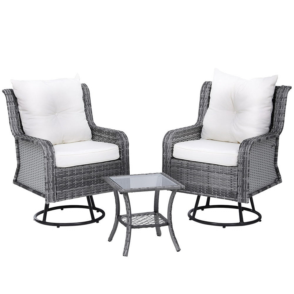 Set of 2 Wicker Swivel Chairs with Side Table Bistro Set - Grey - Homecoze