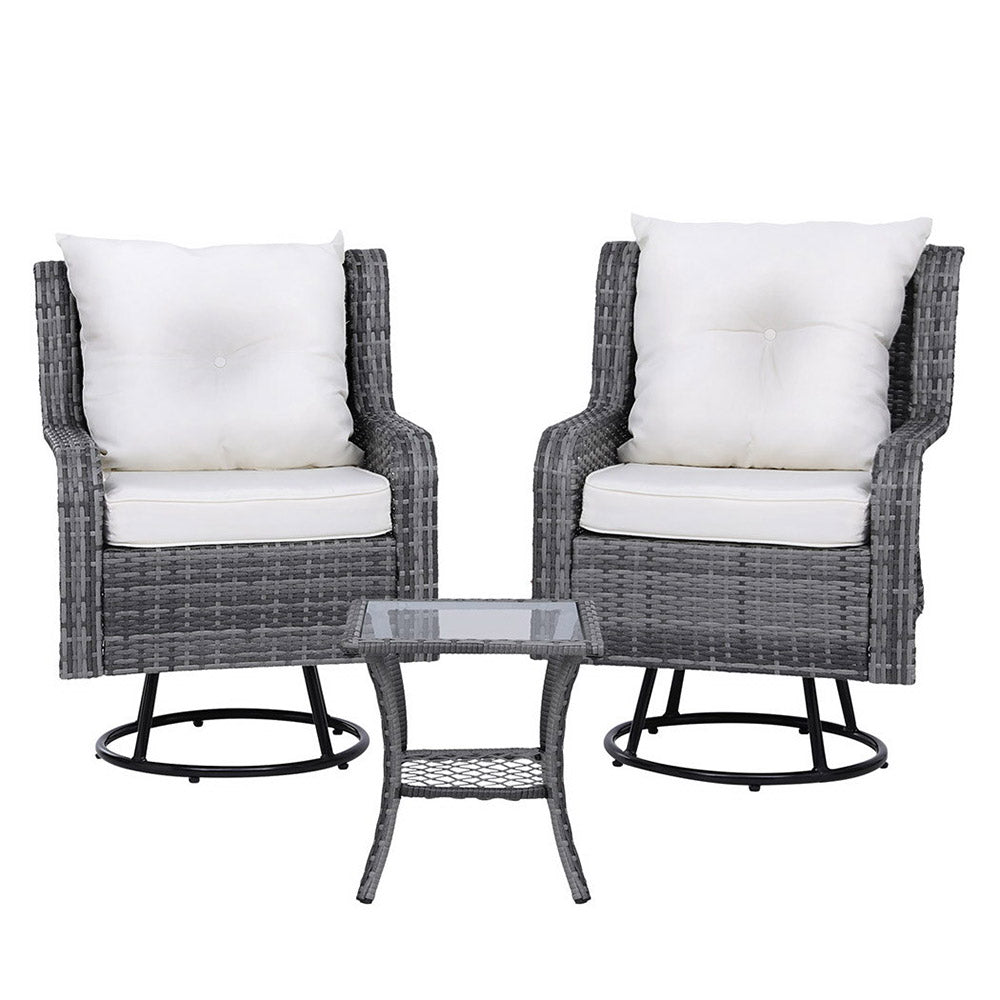 Set of 2 Wicker Swivel Chairs with Side Table Bistro Set - Grey - Homecoze