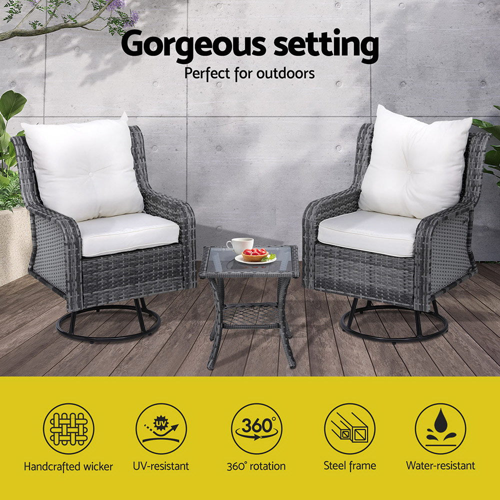 Set of 2 Wicker Swivel Chairs with Side Table Bistro Set - Grey - Homecoze