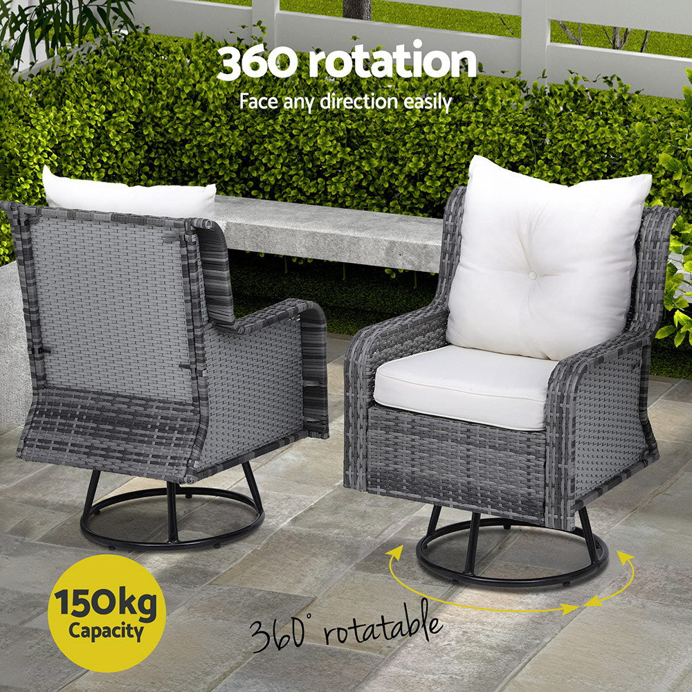 Set of 2 Wicker Swivel Chairs with Side Table Bistro Set - Grey - Homecoze