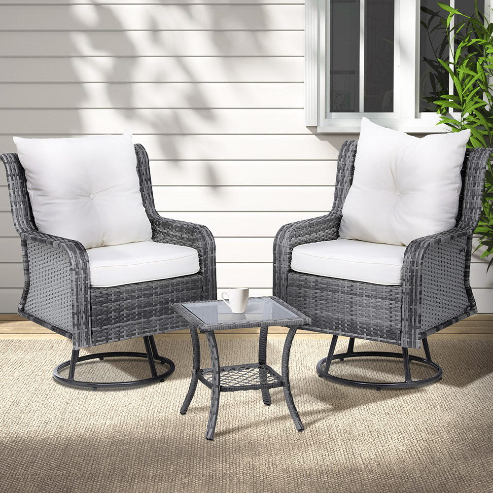 Set of 2 Wicker Swivel Chairs with Side Table Bistro Set - Grey - Homecoze