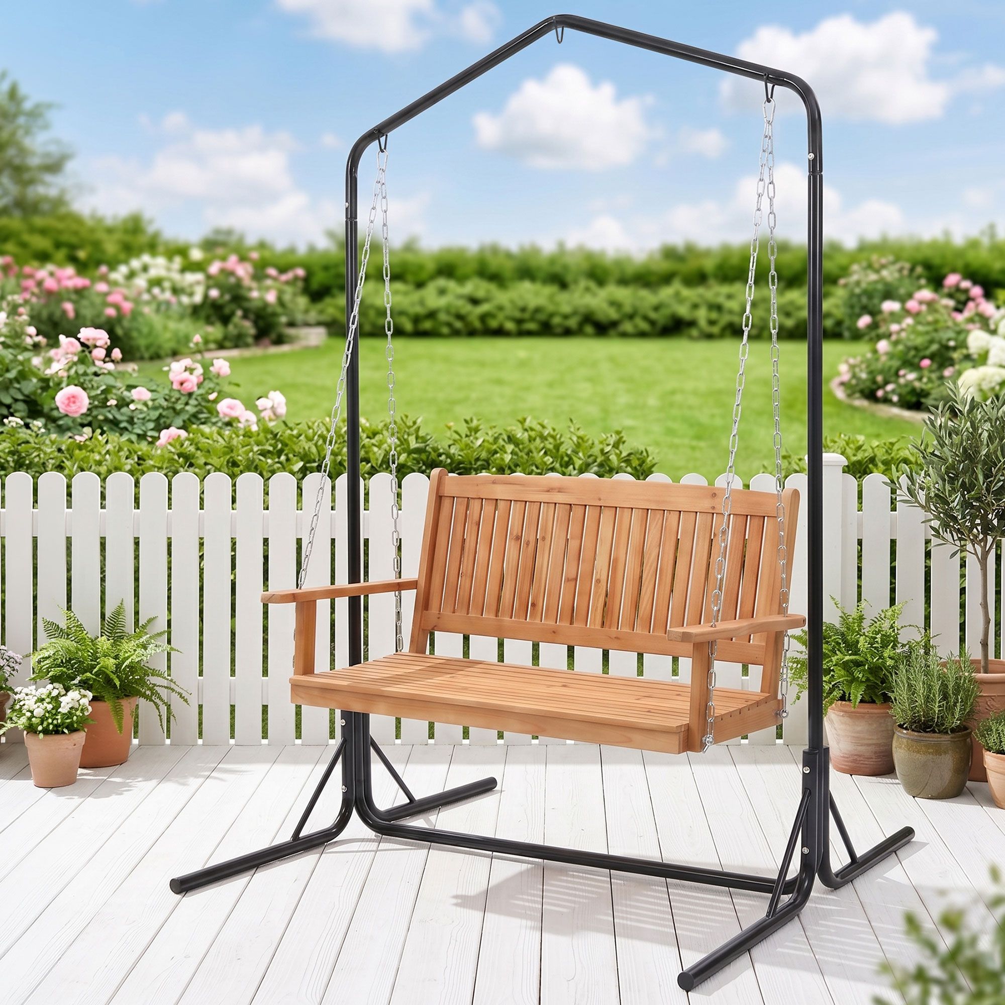 Elena (2 Seater) Outdoor Garden Bench Swing with Stand - Teak