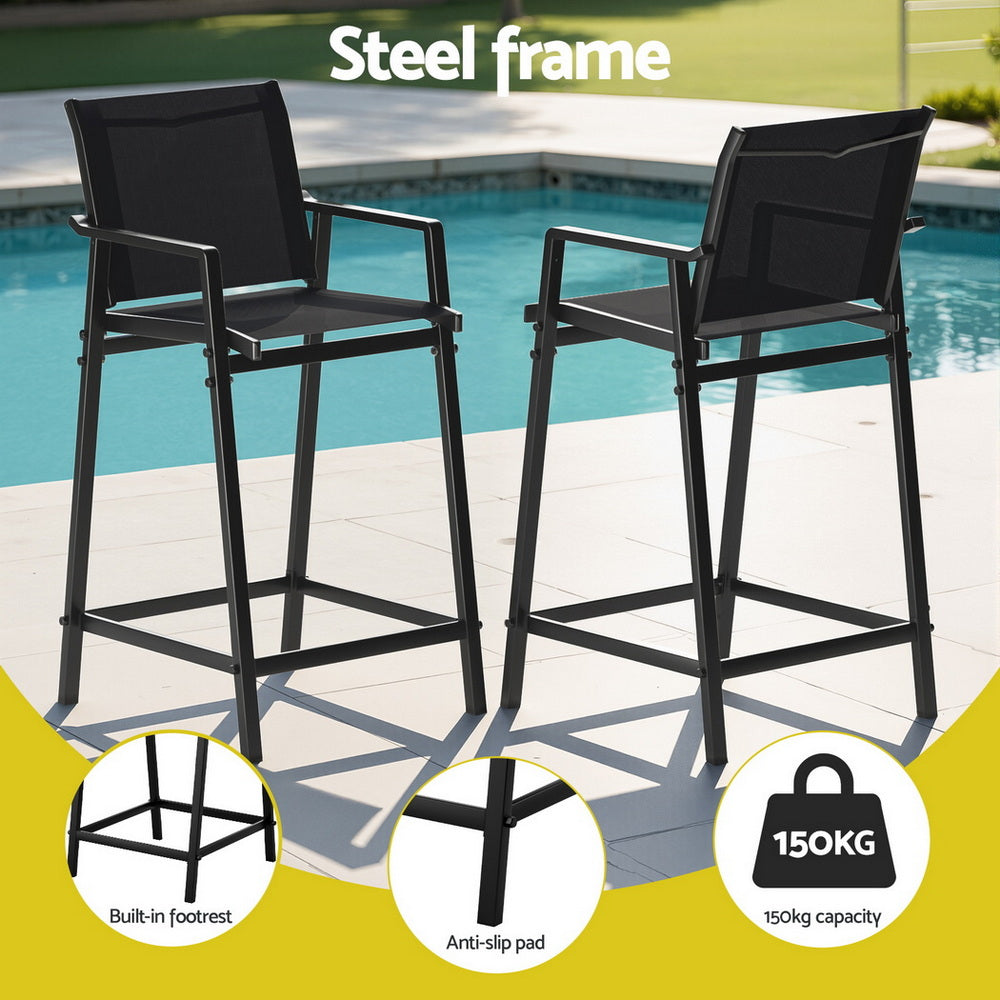 Gardeon 2PC Outdoor Bar Stools Steel Dining Chairs Patio Furniture Garden Black - Homecoze
