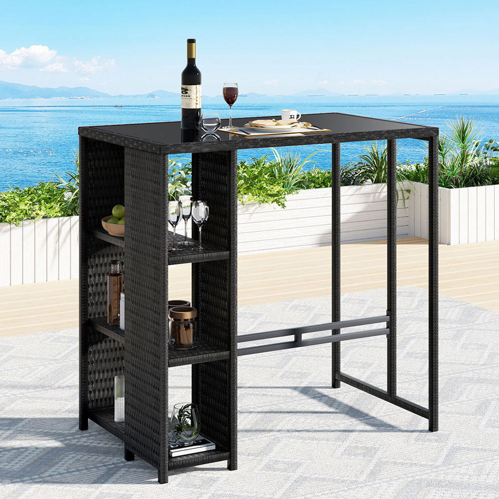 Wicker Glass Top Outdoor Bar Table - Black - Homecoze