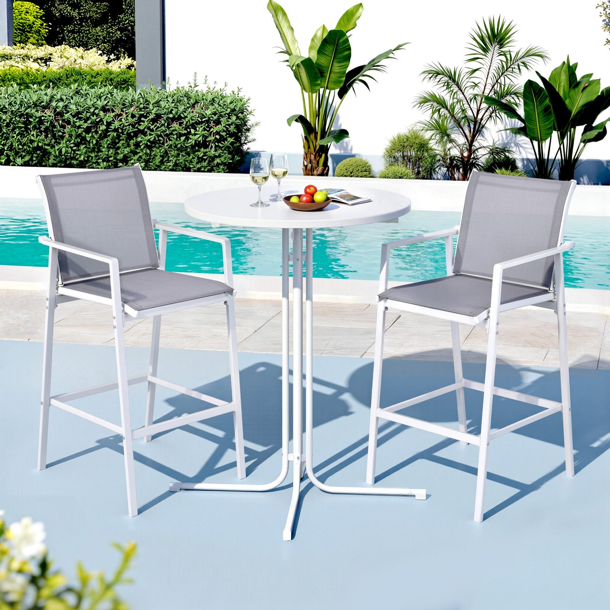 Gardeon 3PC Outdoor Bar Set Stools Dining Chairs Table Patio Furniture Bistro Set Steel White - Homecoze