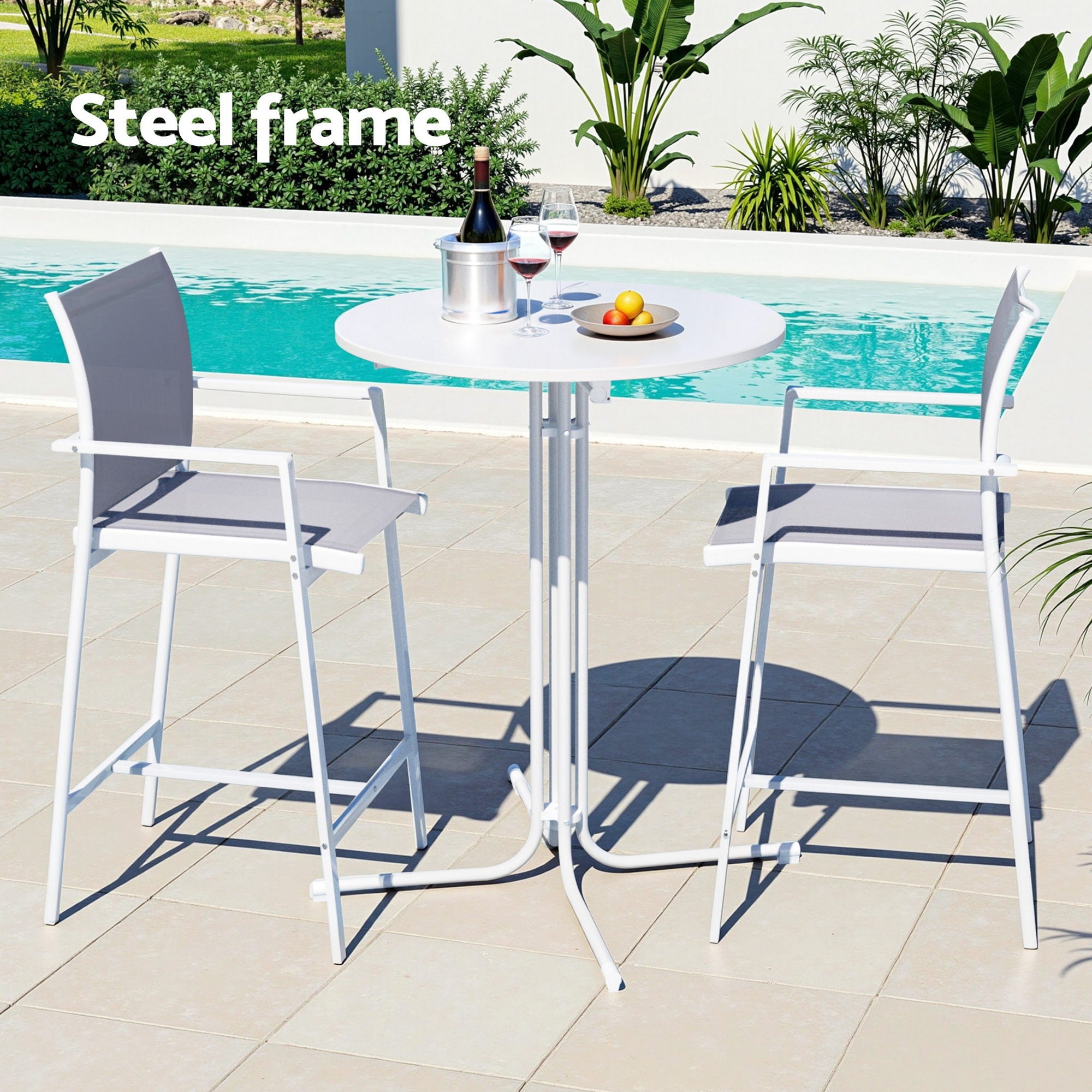 Gardeon 3PC Outdoor Bar Set Stools Dining Chairs Table Patio Furniture Bistro Set Steel White - Homecoze