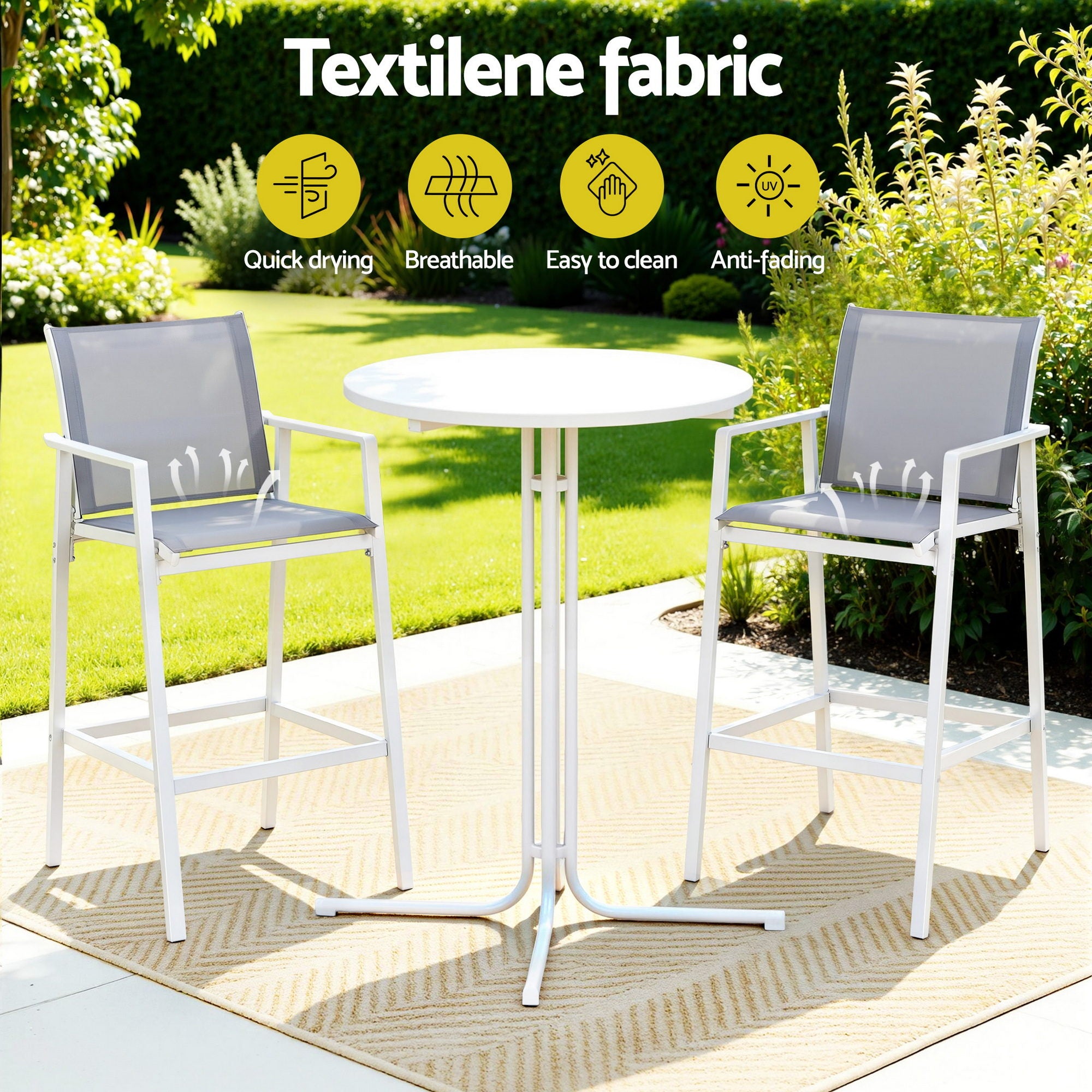 Gardeon 3PC Outdoor Bar Set Stools Dining Chairs Table Patio Furniture Bistro Set Steel White - Homecoze