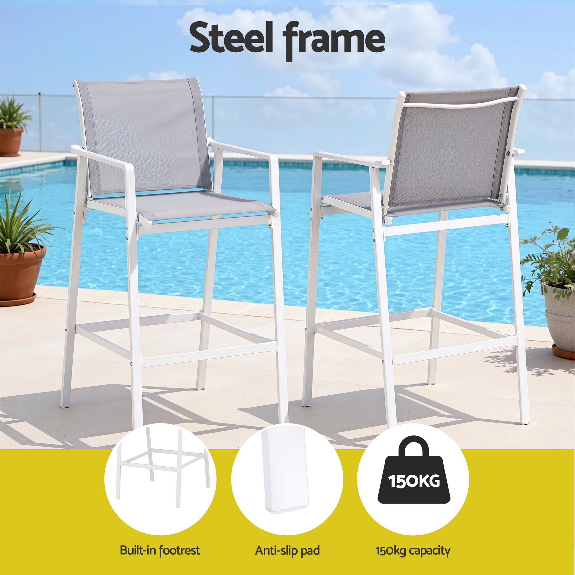 Gardeon 3PC Outdoor Bar Set Stools Dining Chairs Table Patio Furniture Bistro Set Steel White - Homecoze