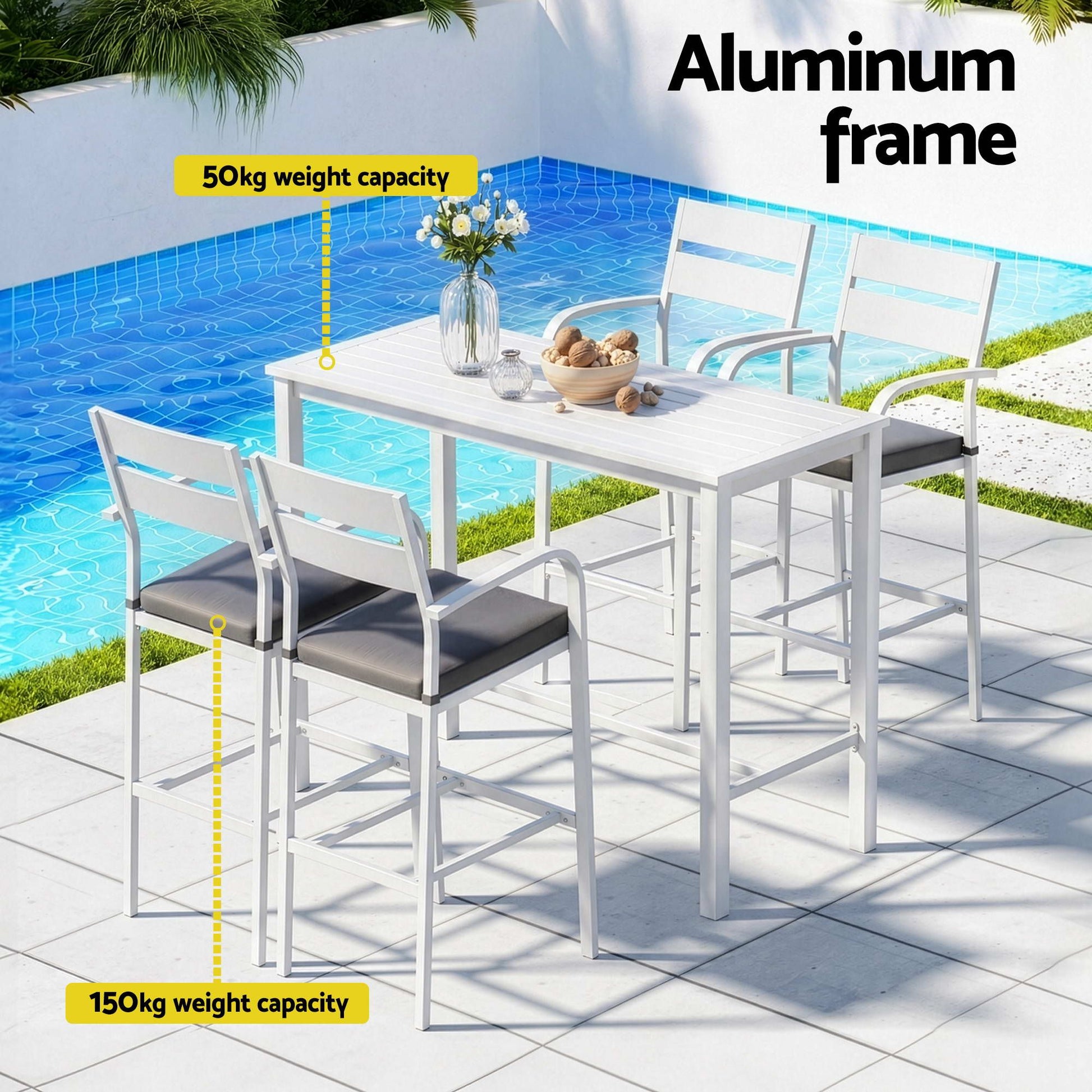 Gardeon Outdoor Bar Set 5-Piece Patio Dining Chairs Aluminium Table Stools White - Homecoze