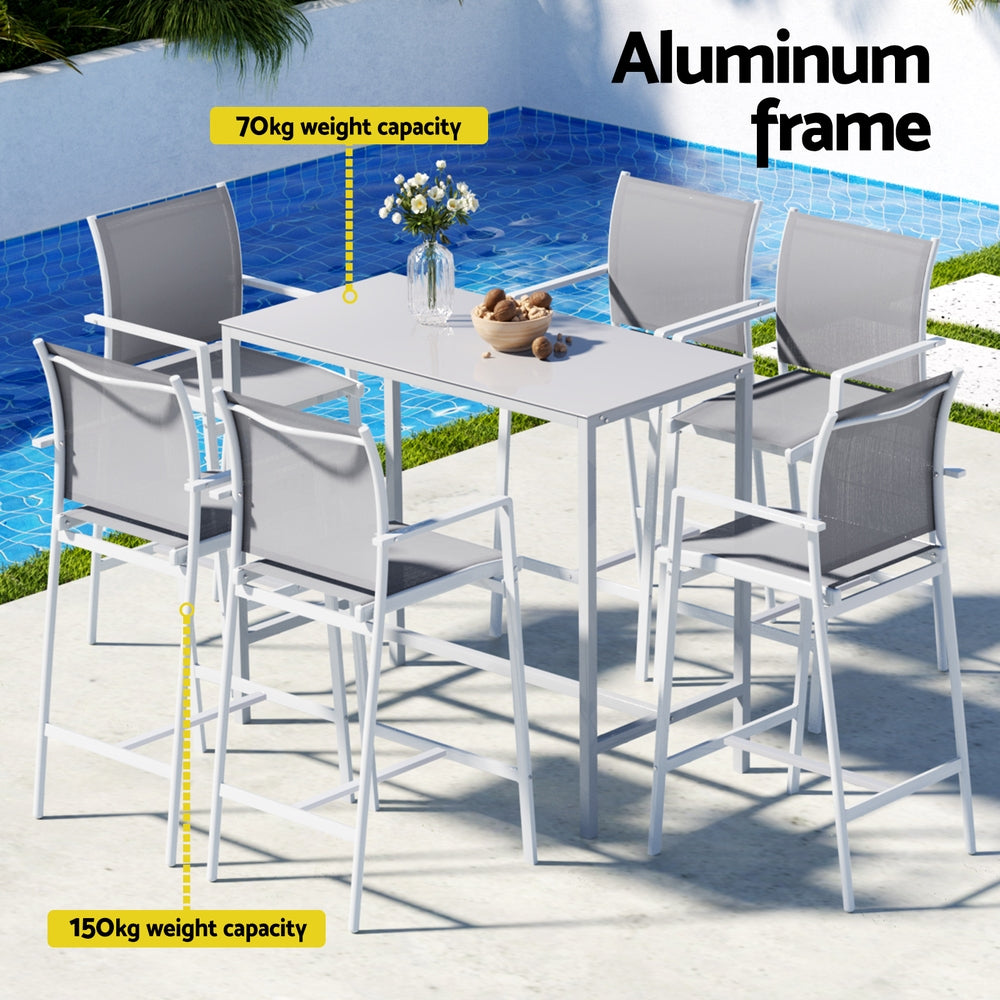Gardeon 7PCS Outdoor Bar Set Stools Dining Chairs Table Patio Steel Bistro Set White - Homecoze