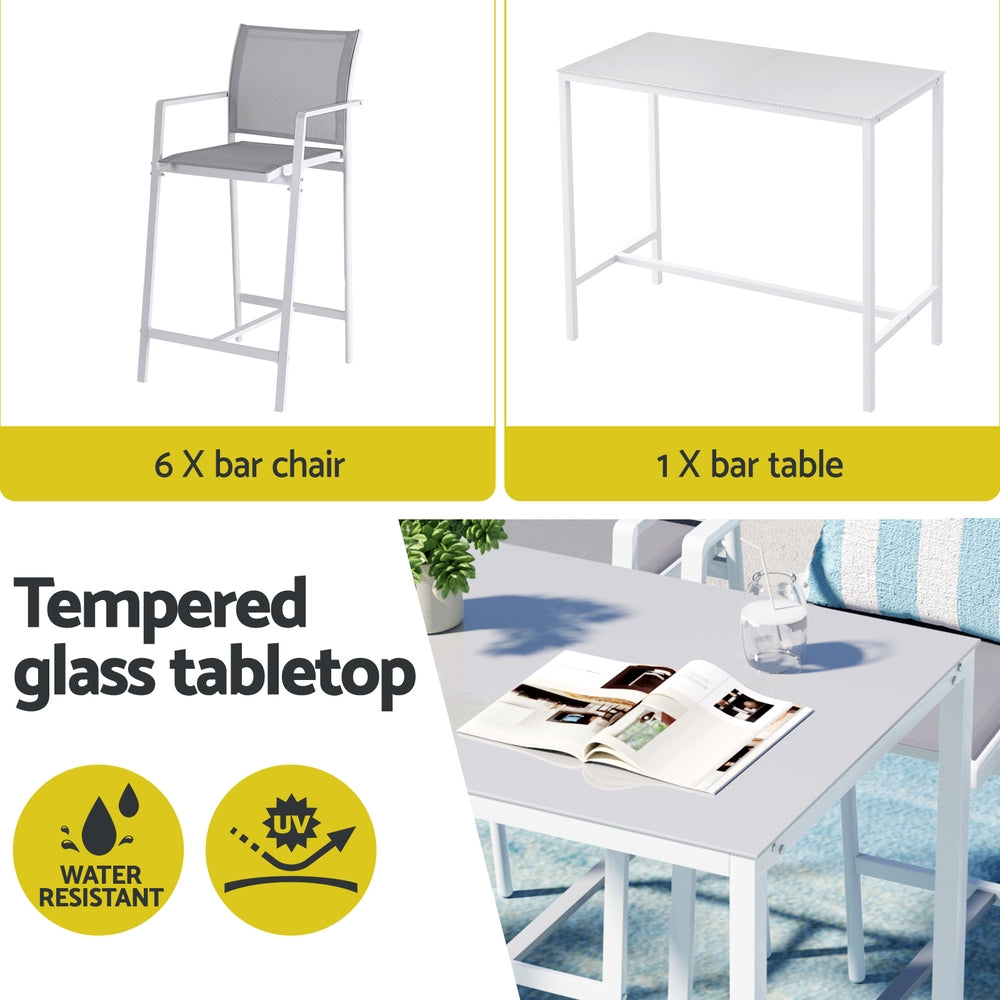Gardeon 7PCS Outdoor Bar Set Stools Dining Chairs Table Patio Steel Bistro Set White - Homecoze