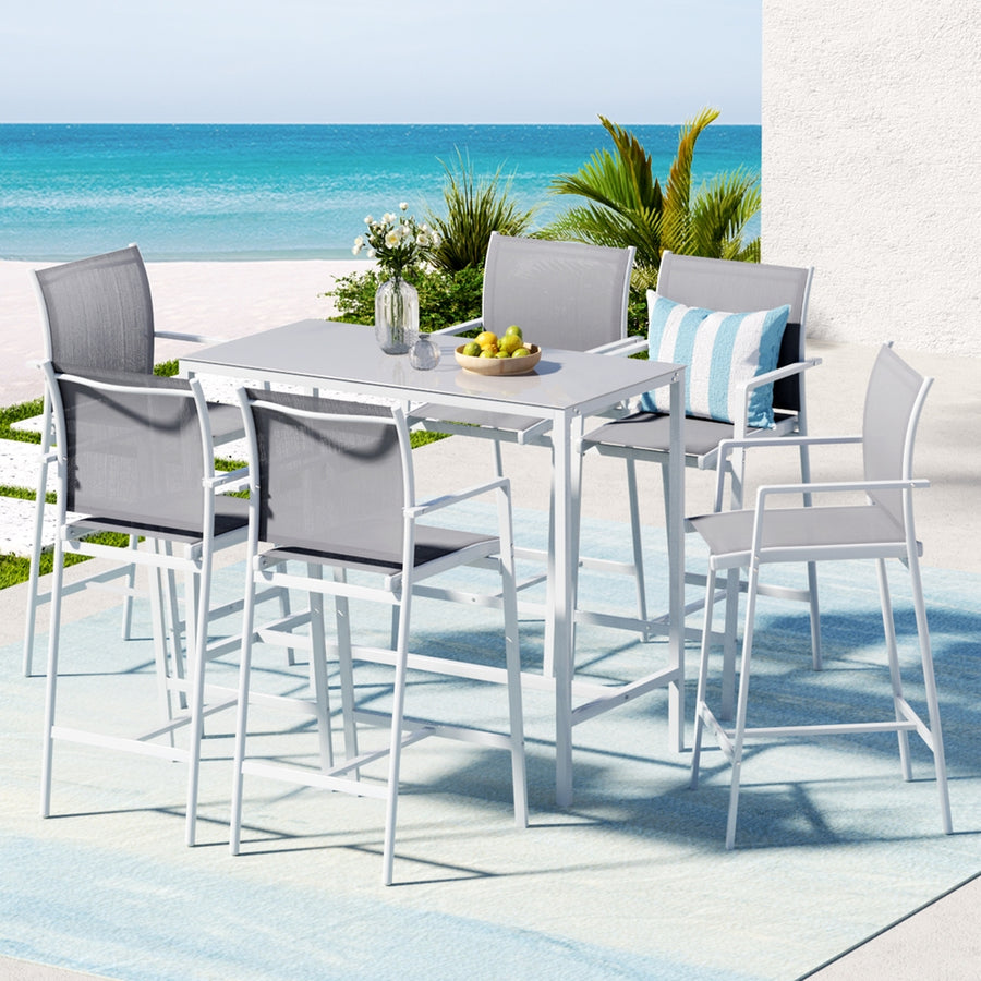Gardeon 7PCS Outdoor Bar Set Stools Dining Chairs Table Patio Steel Bistro Set White - Homecoze