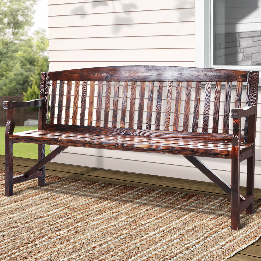 Wooden 3 Seater Garden Bench Chair - Charcoal Brown - Homecoze