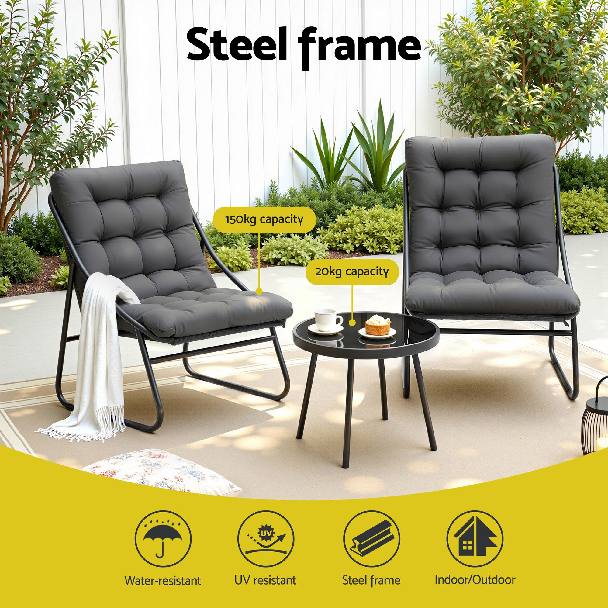Gardeon 3PC Outdoor Bistro Set Patio Furniture Table and Chairs Steel Dining Chair - Homecoze