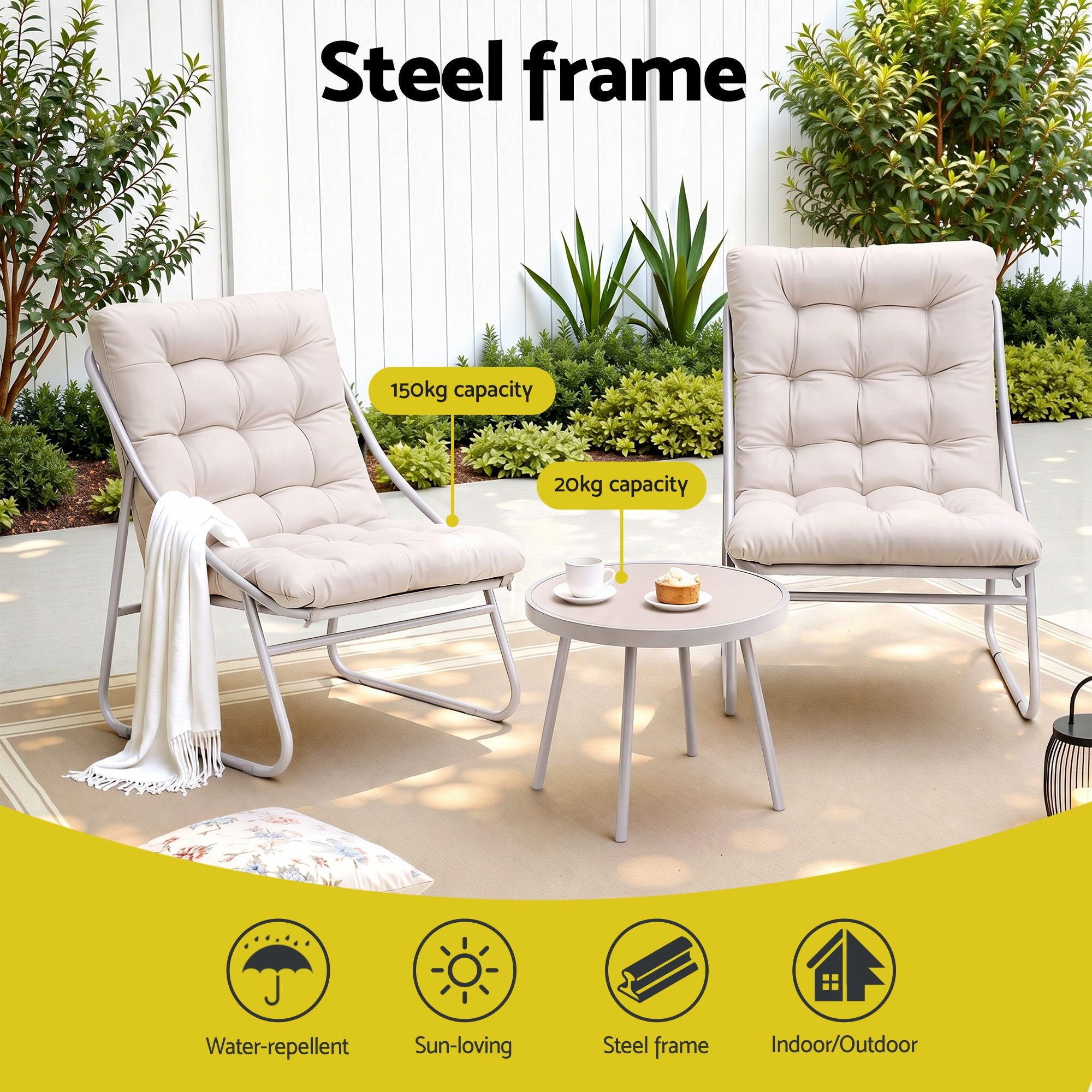 3-Piece Cushioned Outdoor Bistro Set – Khaki & Beige