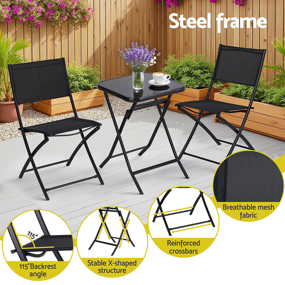 Gardeon Outdoor Bistro Set Folding Table and Chairs Patio Furniture Garden Steel Black - Homecoze