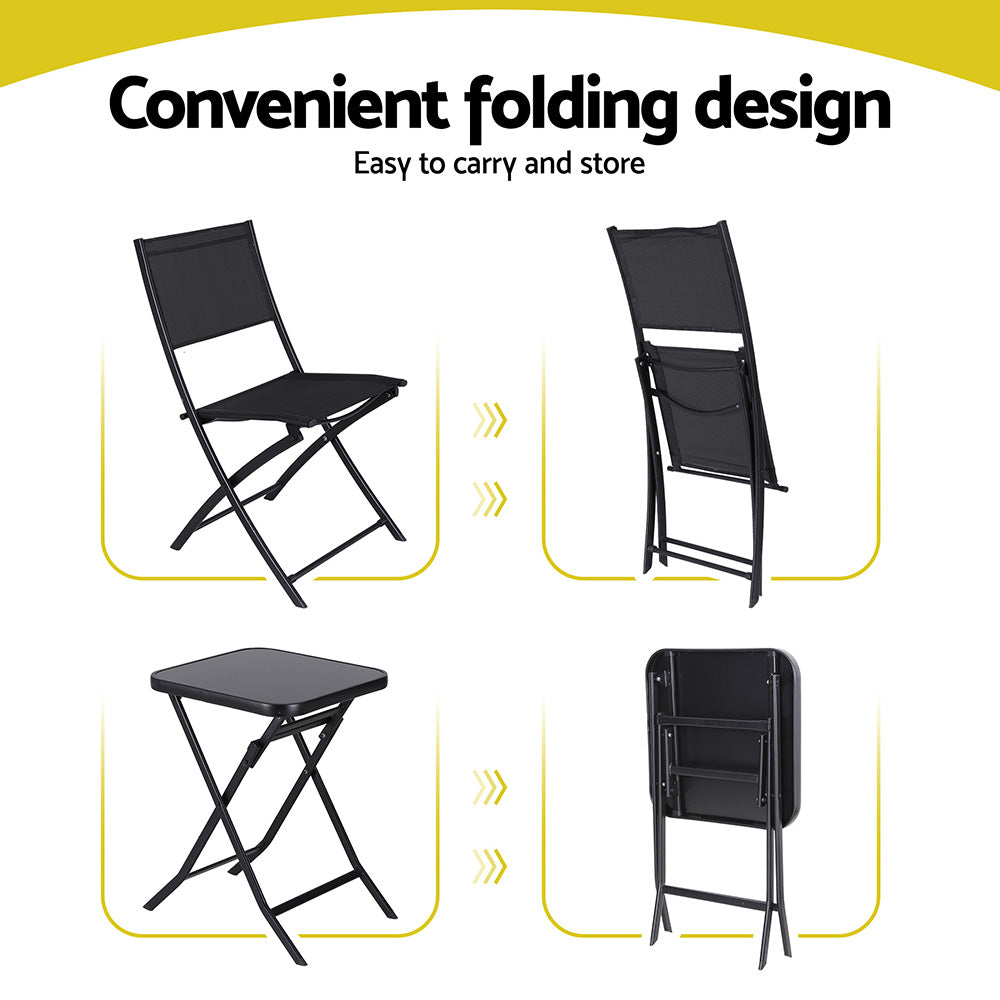 Gardeon Outdoor Bistro Set Folding Table and Chairs Patio Furniture Garden Steel Black - Homecoze