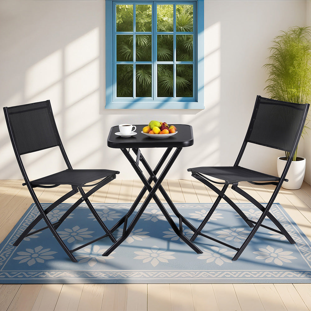 Gardeon Outdoor Bistro Set Folding Table and Chairs Patio Furniture Garden Steel Black - Homecoze