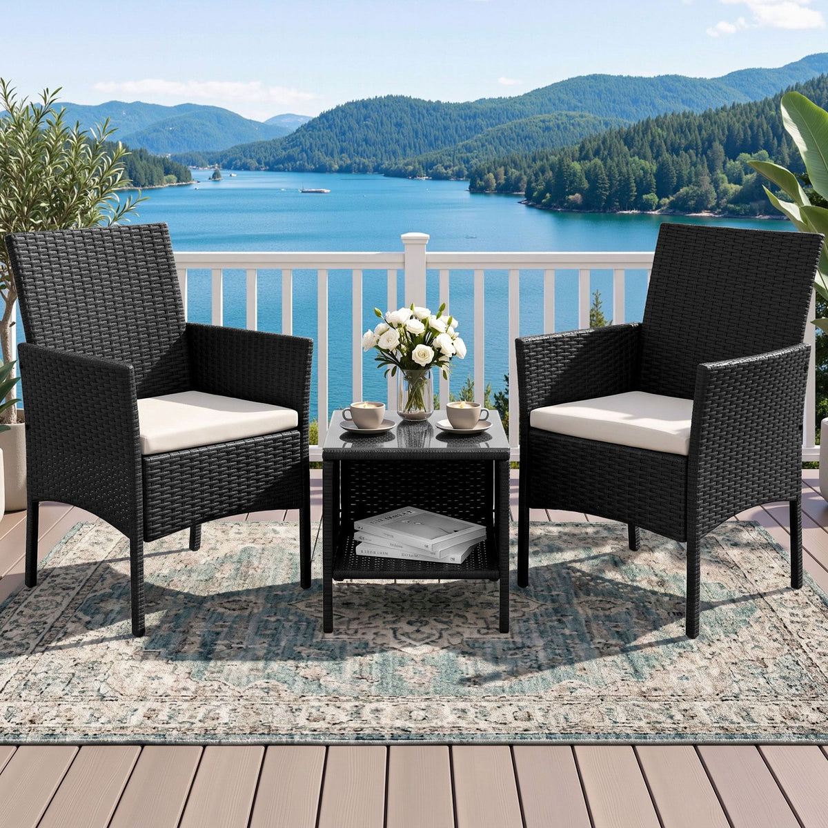 3PC Outdoor Wicker Bistro Set - Black
