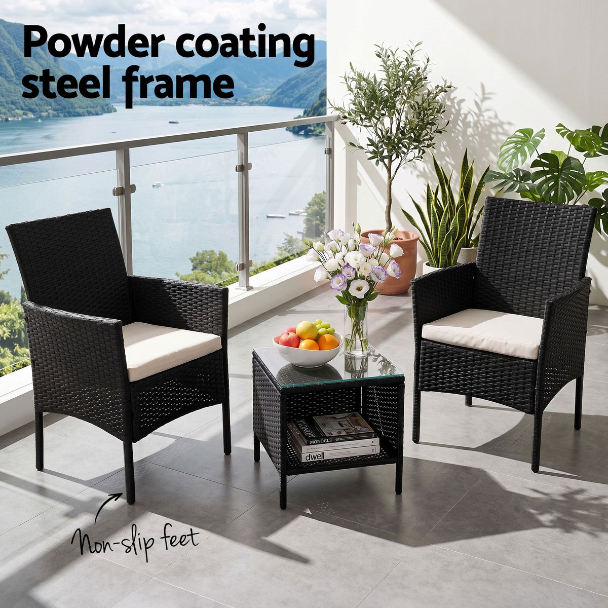 3PC Outdoor Wicker Bistro Set - Black