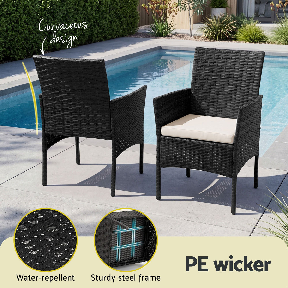 3PC Outdoor Wicker Bistro Set - Black
