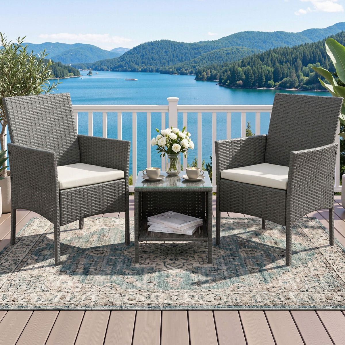 3PC Outdoor Wicker Bistro Set - Grey