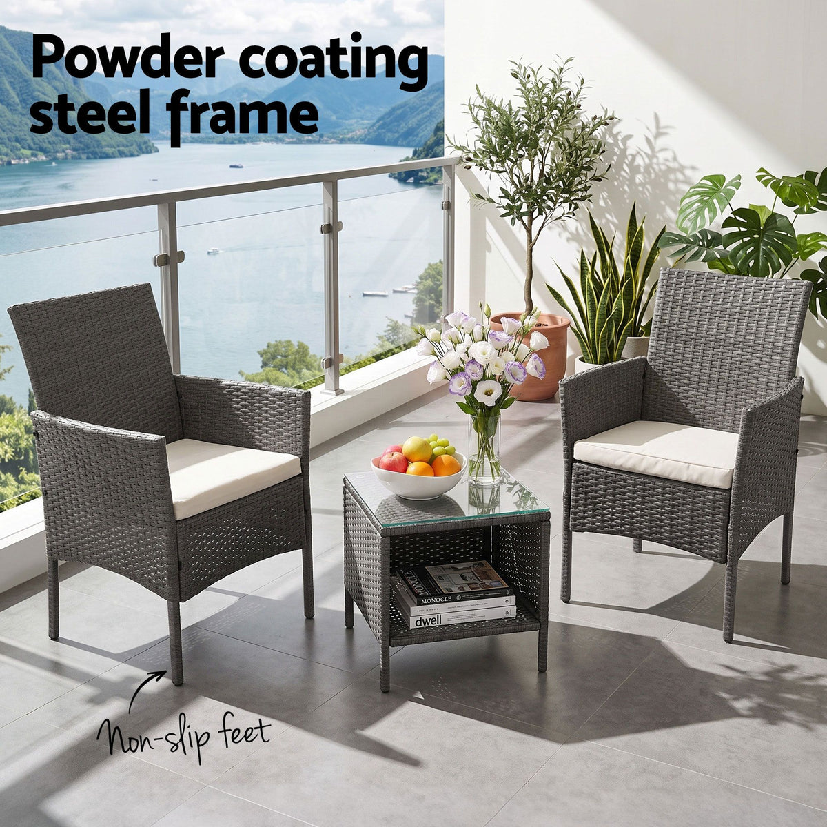 3PC Outdoor Wicker Bistro Set - Grey