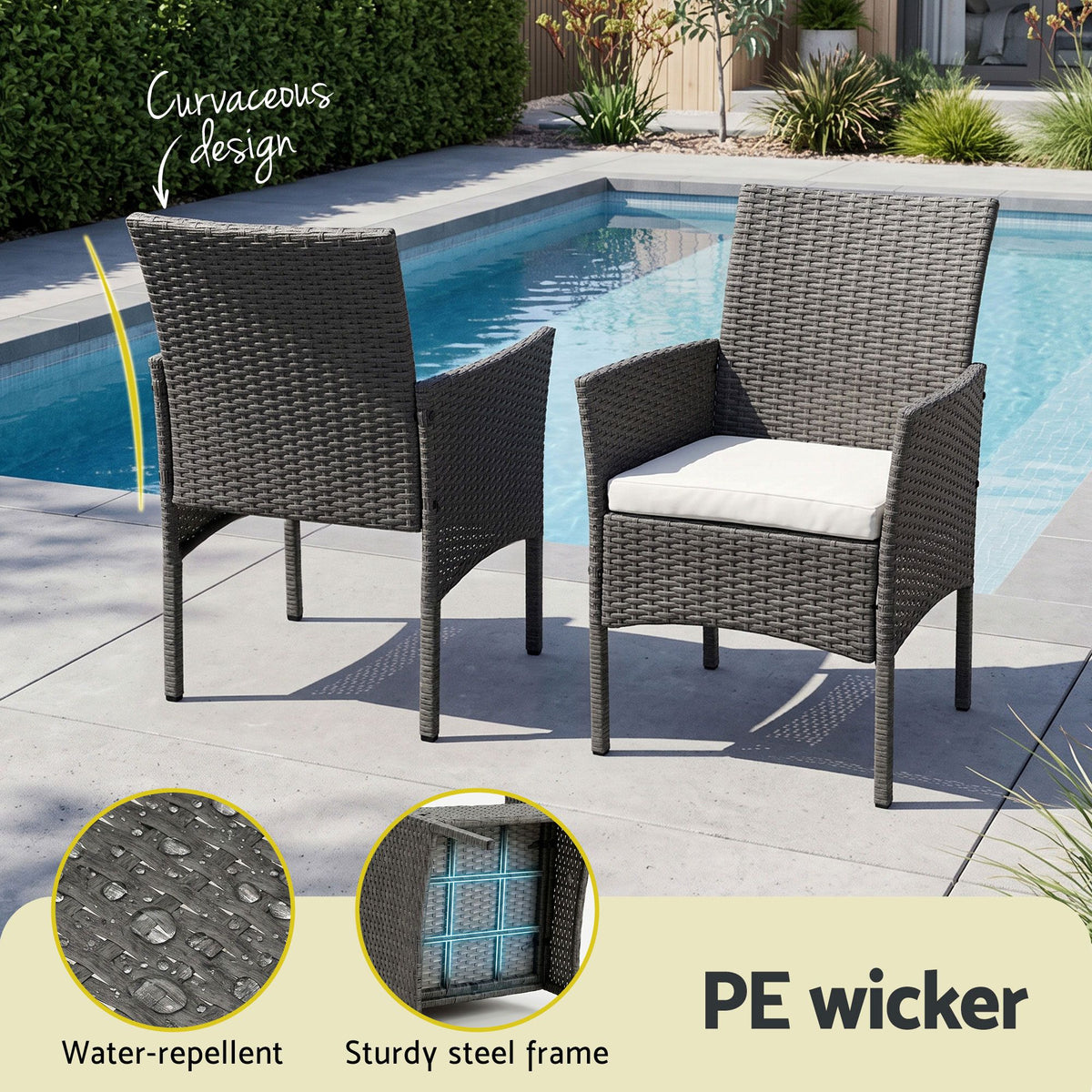 3PC Outdoor Wicker Bistro Set - Grey