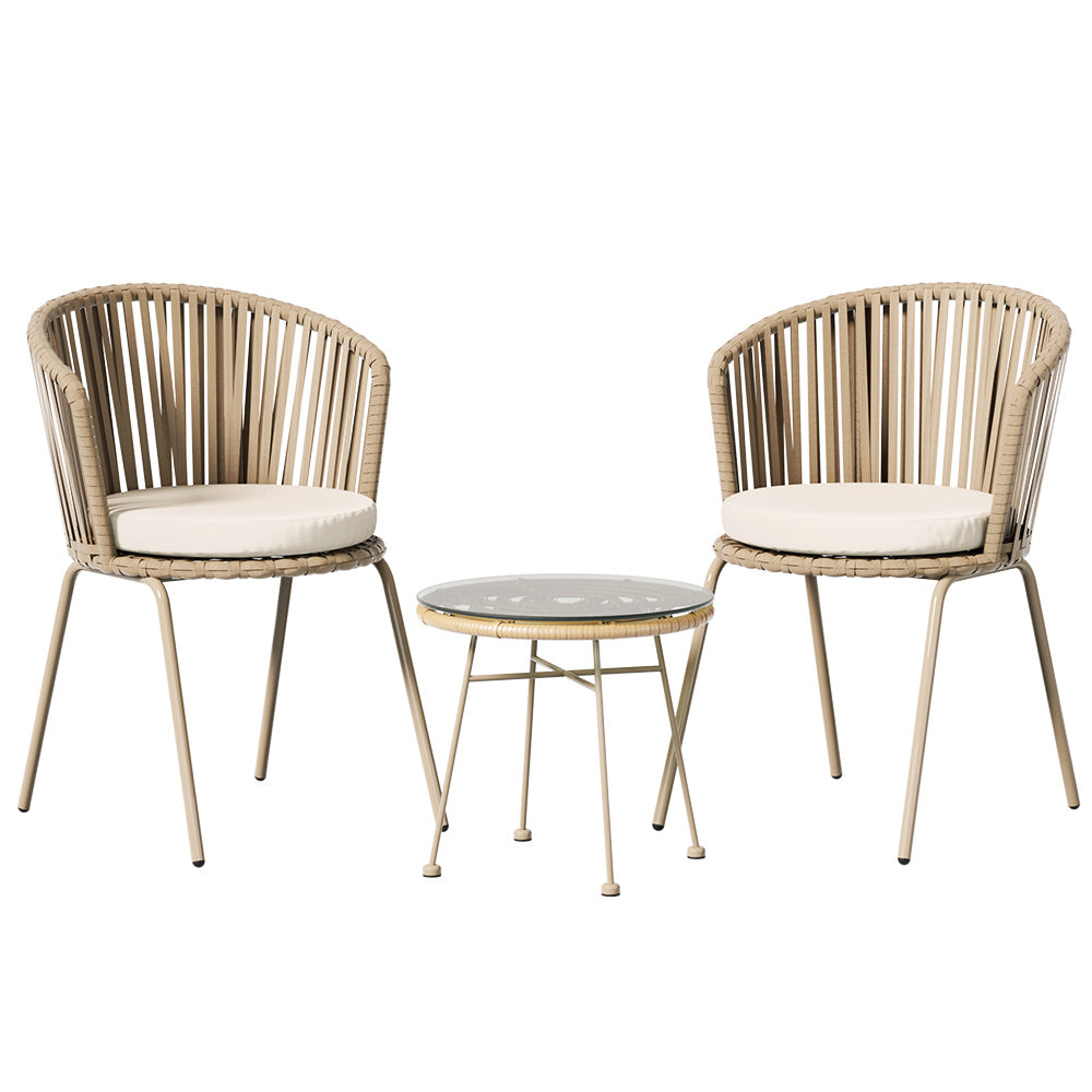 3 Piece Woven Outdoor Bistro Patio Table Chair Set - Brown - Homecoze