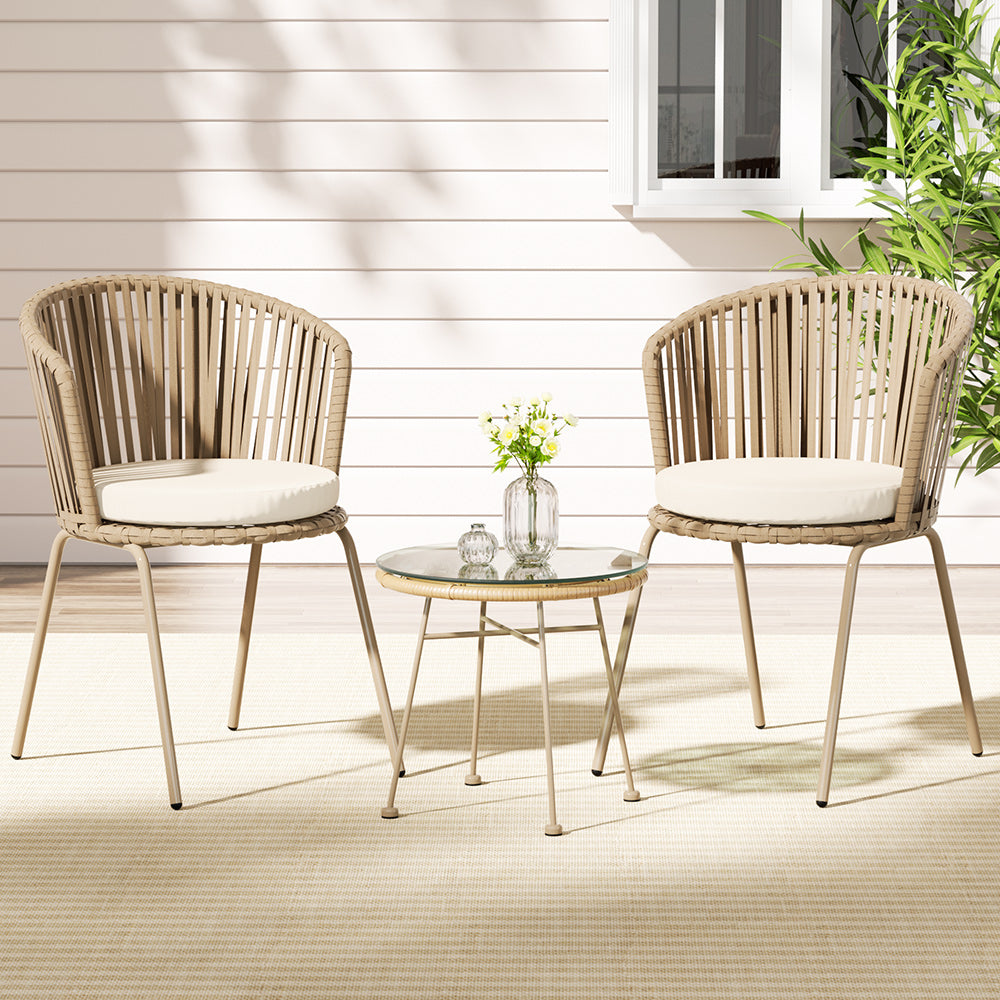 3 Piece Woven Outdoor Bistro Patio Table Chair Set - Brown