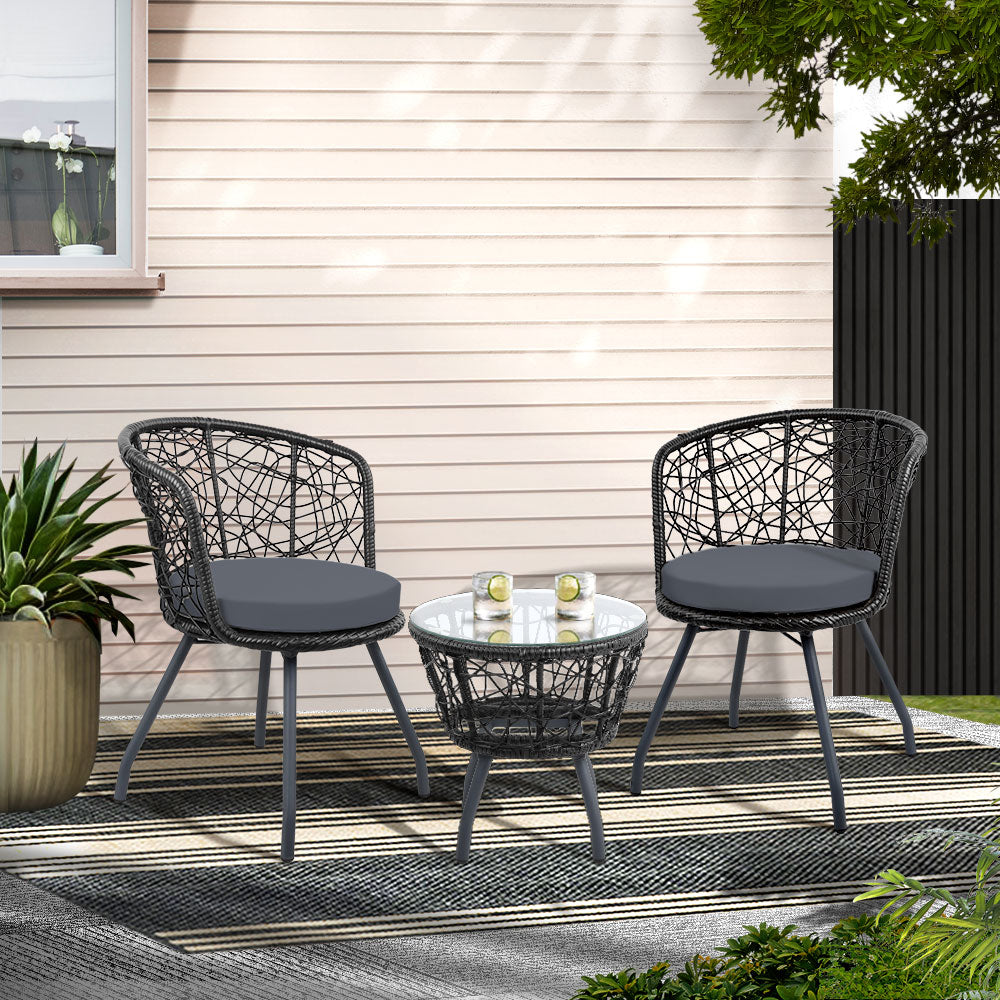 3 Piece Wicker Outdoor Bistro Set - Black - Homecoze