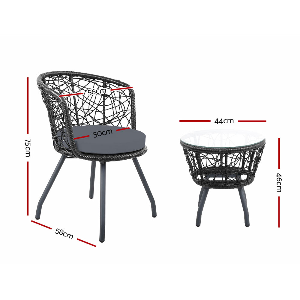 3 Piece Wicker Outdoor Bistro Set - Black - Homecoze