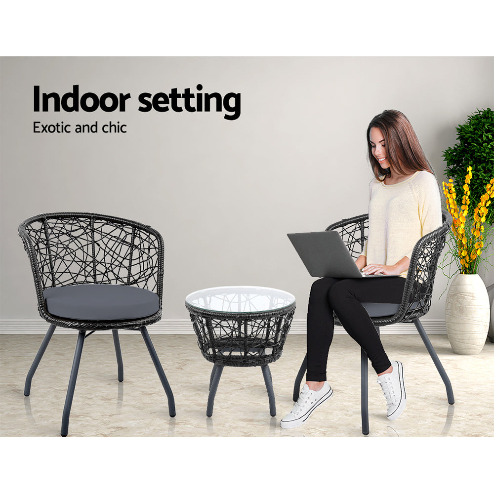 3 Piece Wicker Outdoor Bistro Set - Black - Homecoze