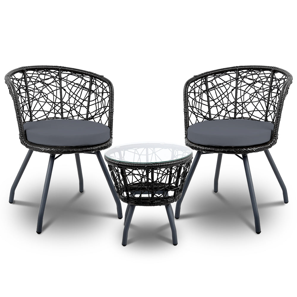 3 Piece Wicker Outdoor Bistro Set - Black - Homecoze
