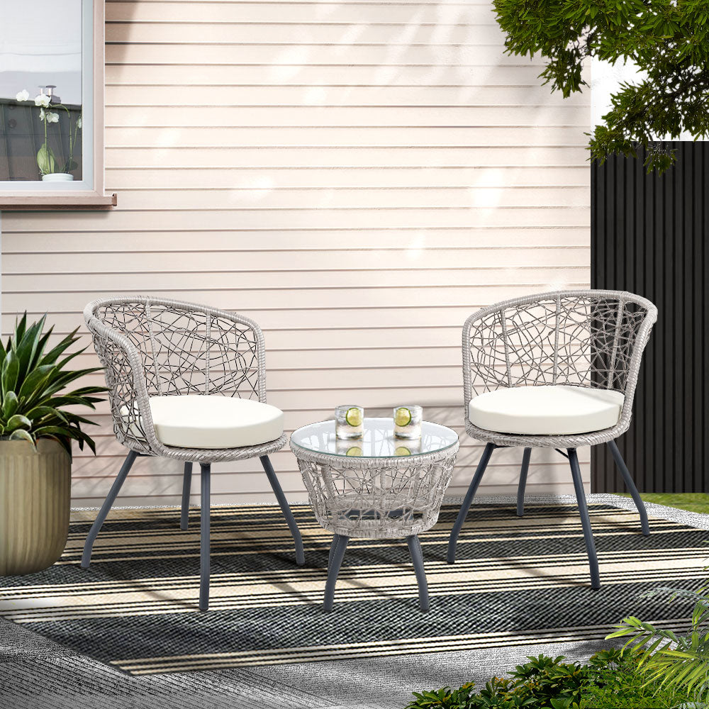3 Piece Wicker Outdoor Bistro Set - Grey - Homecoze