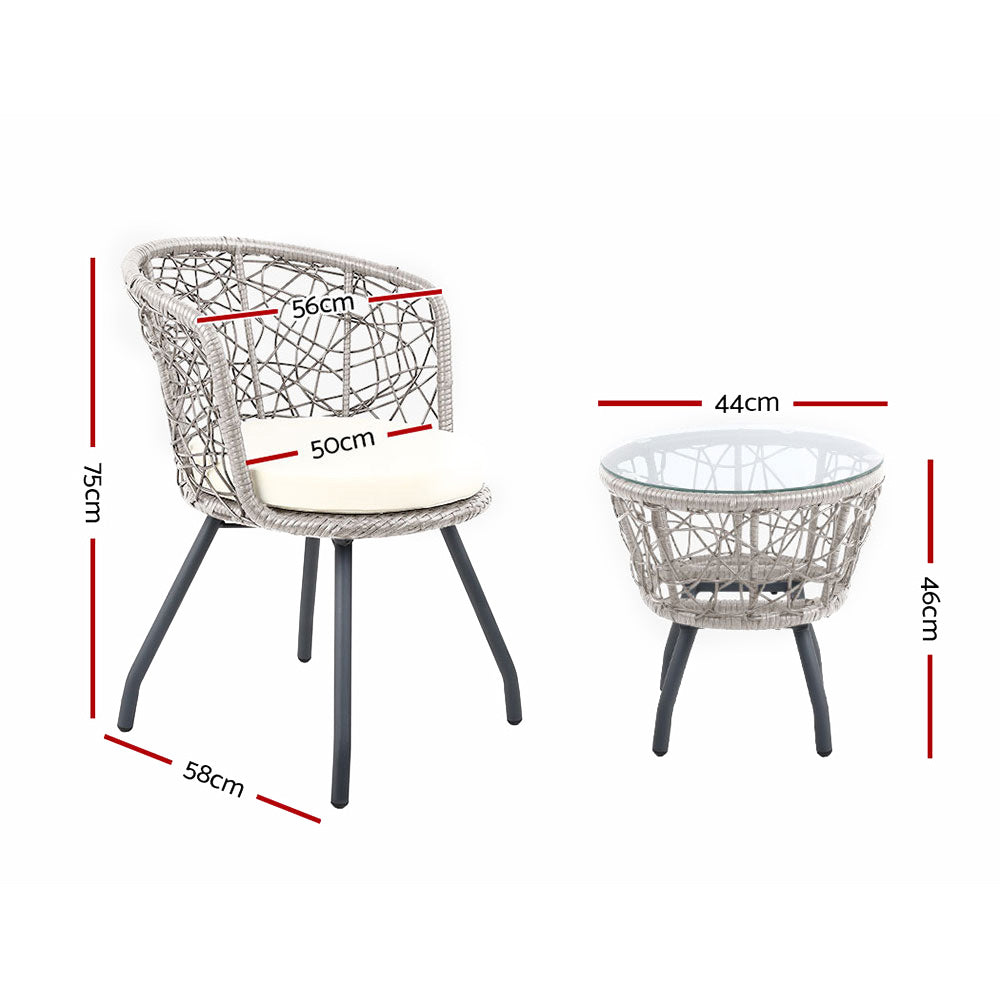3 Piece Wicker Outdoor Bistro Set - Grey - Homecoze