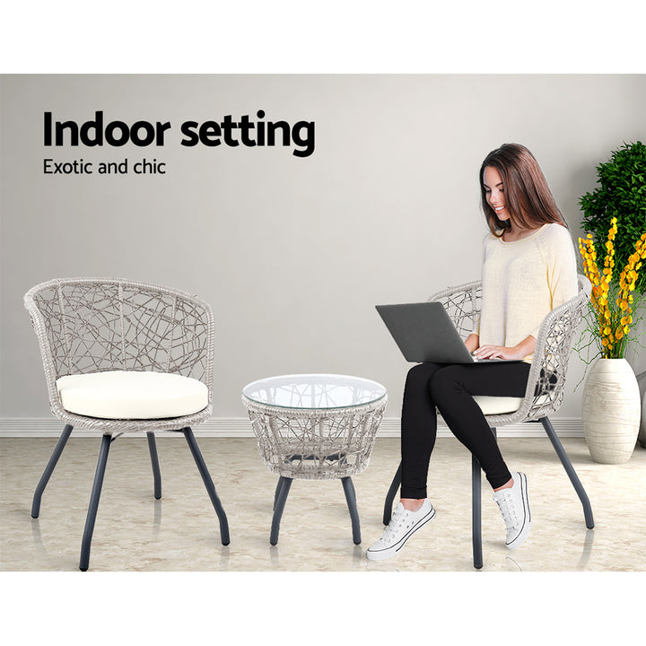 3 Piece Wicker Outdoor Bistro Set - Grey - Homecoze